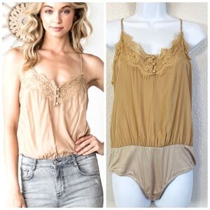 Heyson Tan Lace Trim Cami Bodysuit Size L
